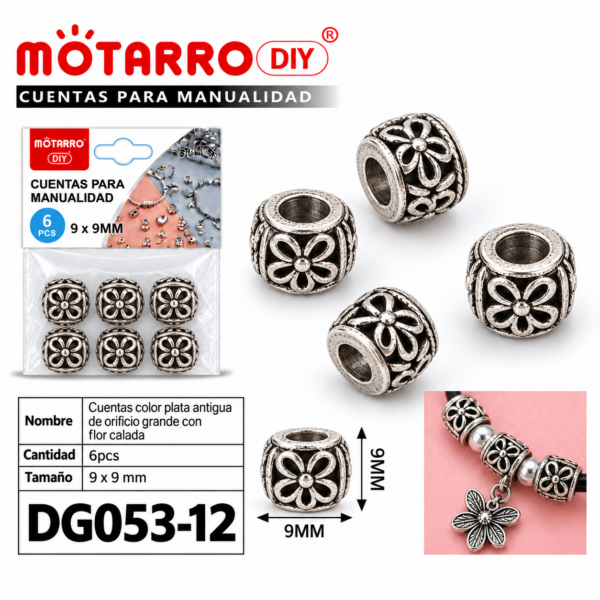 Cuentas de plata antigua – Flor calada – 9 × 9 mm – 6 unidades