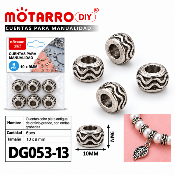 Cuentas de plata antigua – Ondas – 10 × 9 mm – 6 unidades