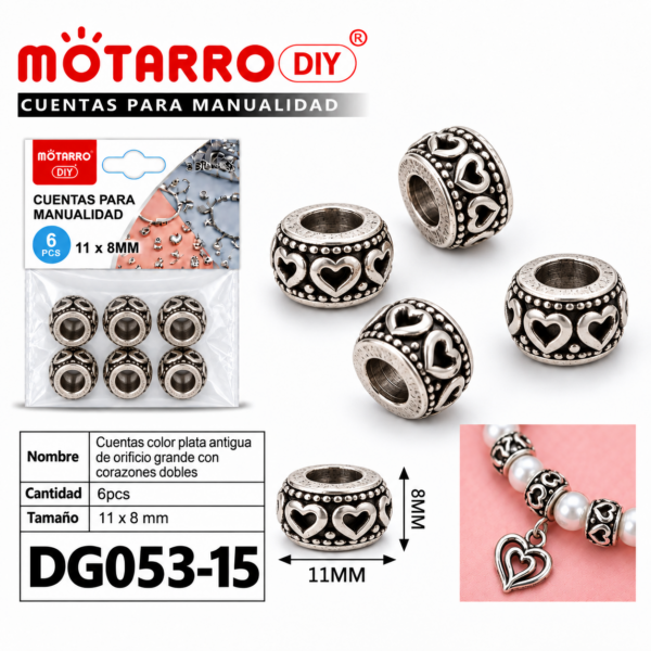 Cuentas de plata antigua – Corazones dobles – 11 × 8 mm – 6 unidades