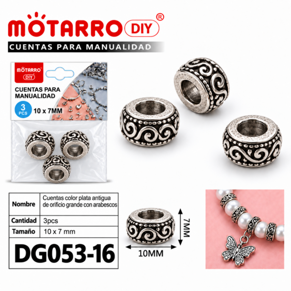 Cuentas de plata antigua – Arabescos – 10 × 7 mm – 3 unidades
