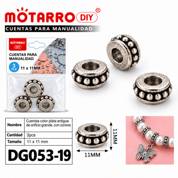 Cuentas de plata antigua – Corona – 11 × 11 mm – 3 unidades