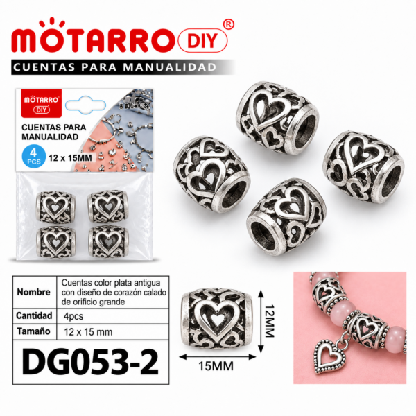 Cuentas de plata antigua – Corazón calado – 12 × 15 mm – 4 unidades