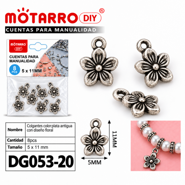 Colgantes de plata antigua – Diseño floral – 5 × 11 mm – 8 unidades