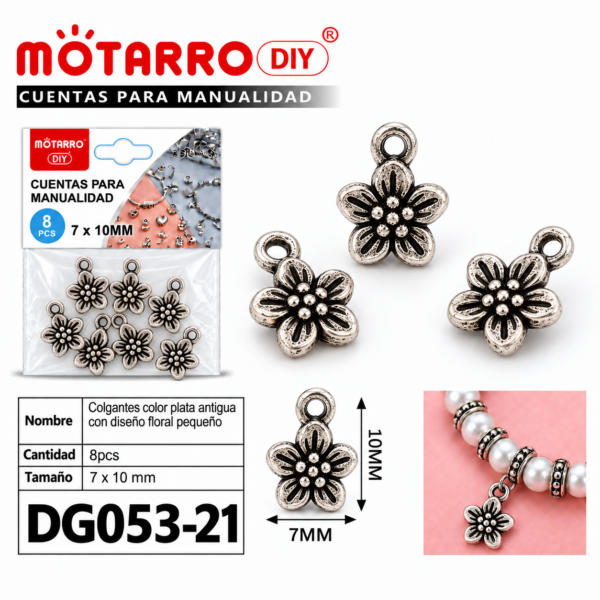 Colgantes de plata antigua – Diseño floral pequeño – 7 × 10 mm – 8 unidades