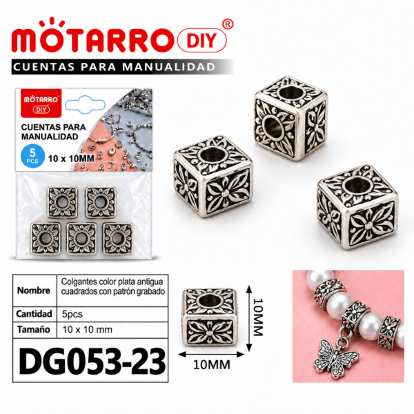 Colgantes de plata antigua – Diseño cuadrado – 10 × 10 mm – 5 unidades