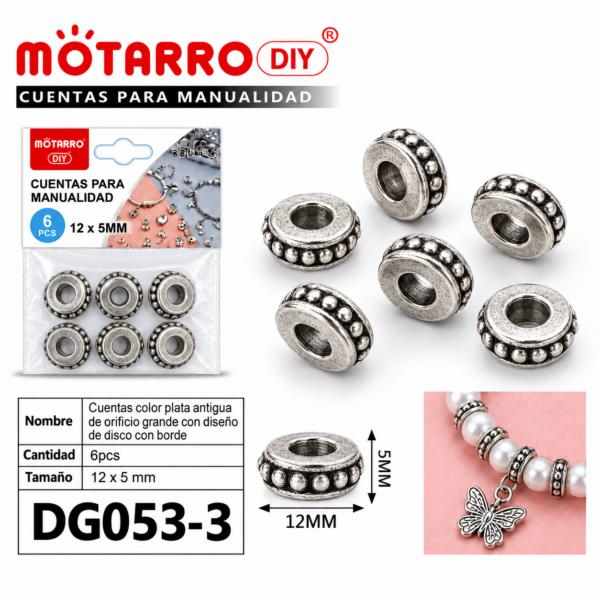Cuentas de plata antigua – Disco con borde – 12 × 5 mm – 6 unidades