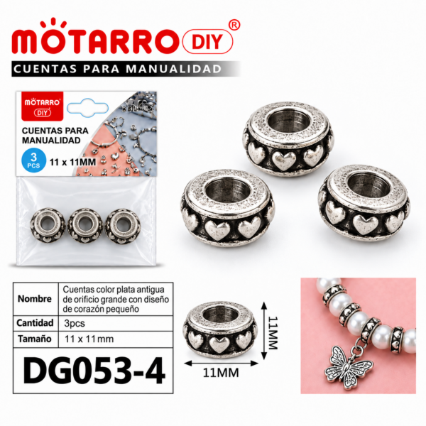 Cuentas de plata antigua – Corazón pequeño – 11 × 11 mm – 3 unidades