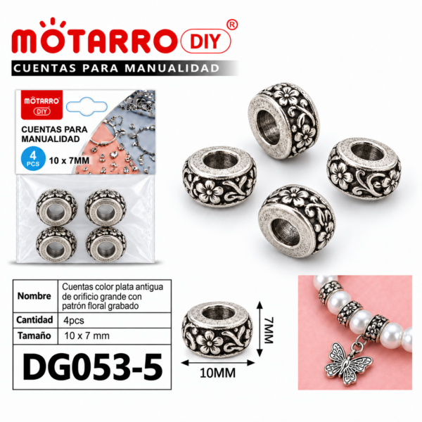 Cuentas de plata antigua – Diseño floral – 10 × 7 mm – 4 unidades