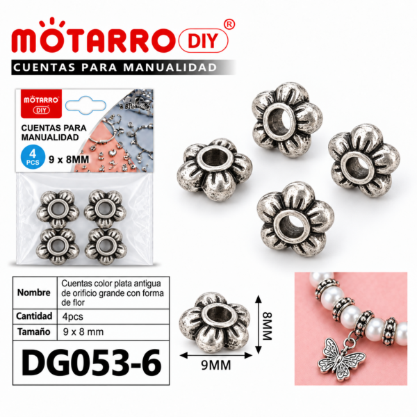 Cuentas de plata antigua – Flor – 9 × 8 mm – 4 unidades