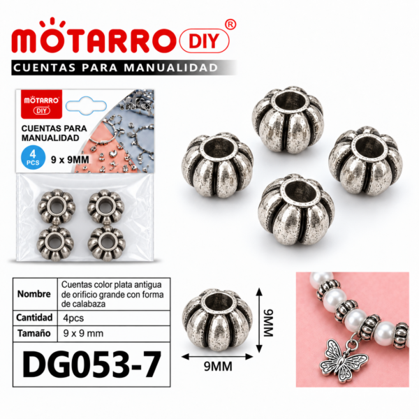 Cuentas de plata antigua – Calabaza – 9 × 9 mm – 4 unidades