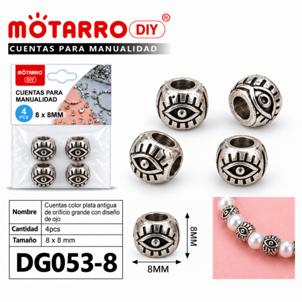 Cuentas de plata antigua – Ojo – 8 × 8 mm – 4 unidades