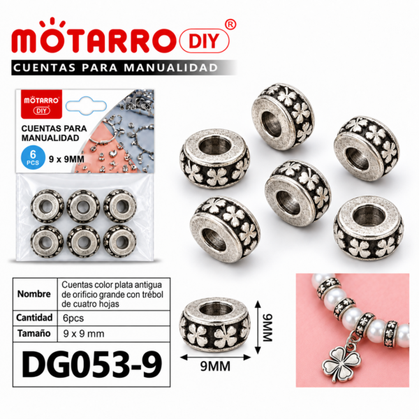 Cuentas de plata antigua – Trébol de cuatro hojas – 9 × 9 mm – 6 unidades