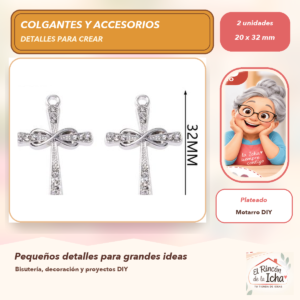 DG055-10 Set de 2 Colgantes Cruz Decorada Aleación con cristales Plateado 20 x 32 mm