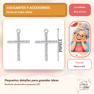 DG055-11 Set de 2 Colgantes Cruz Simple Aleación con cristales Plateado 20 x 33 mm