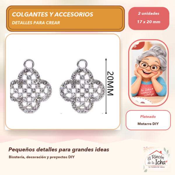 Set de 2 Colgantes Trébol Aleación con cristales Plateado 17 x 20 mm