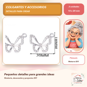 DG055-13 Set de 2 Colgantes Mariposa Aleación con cristales Plateado 18 x 20 mm