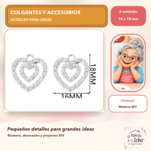 DG055-15 Set de 2 Colgantes Corazón Aleación con cristales Plateado 16 x 18 mm
