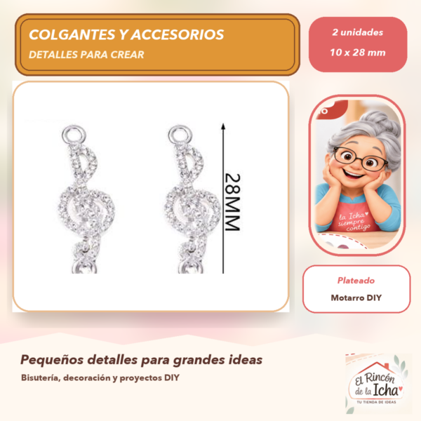 Set de 2 Colgantes Clave de Sol Aleación con cristales Plateado 10 x 28 mm