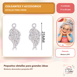 DG055-3 Set de 2 Colgantes Hoja Aleación con cristales Plateado 11 x 25 mm