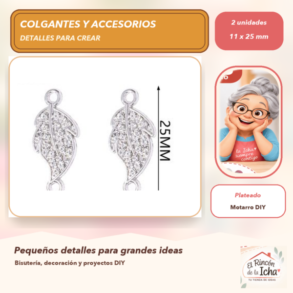 Set de 2 Colgantes Hoja Aleación con cristales Plateado 11 x 25 mm
