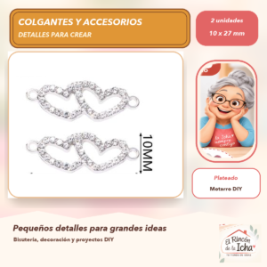 DG055-4 Set de 2 Colgantes Corazón Doble Aleación con cristales Plateado 10 x 27 mm