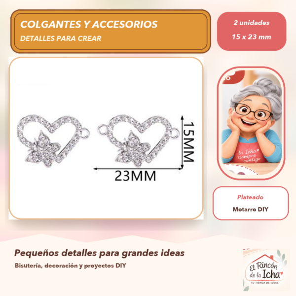 Set de 2 Colgantes Corazón con Lazo Aleación con cristales Plateado 15 x 23 mm