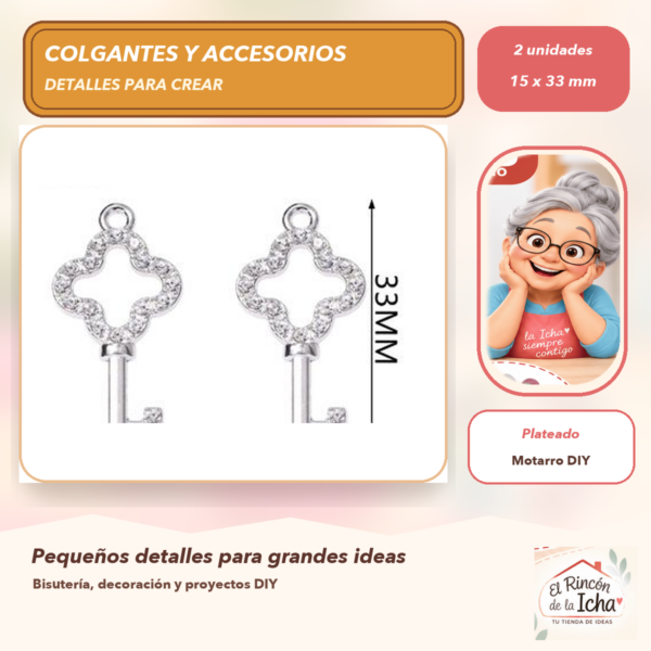 Set de 2 Colgantes Llave Aleación con cristales Plateado 15 x 33 mm