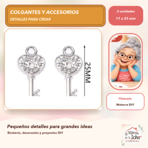 DG055-9 Set de 2 Colgantes Llave Redonda Aleación con cristales Plateado 11 x 25 mm
