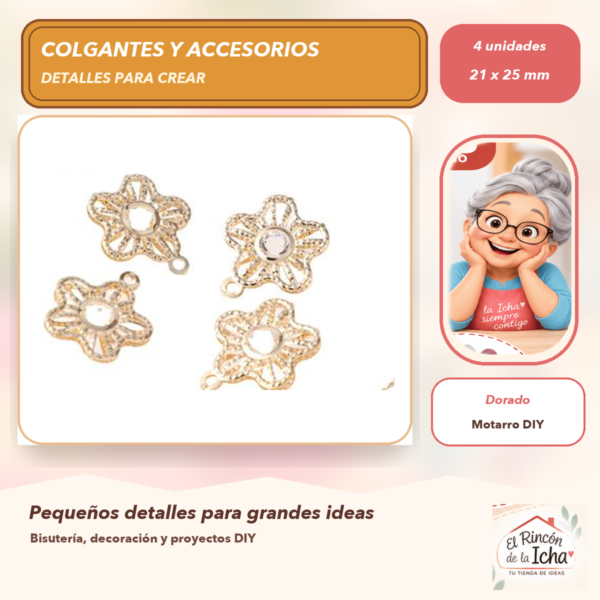 Set de 4 Colgantes Flor Aleación Dorado 21 x 25 mm
