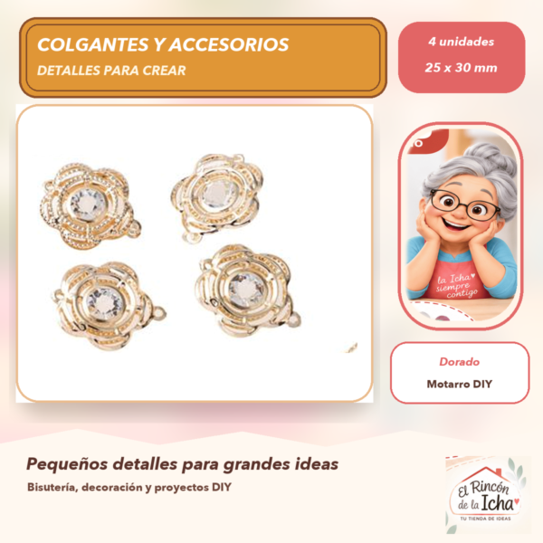Set de 4 Colgantes Rosa Aleación Dorado 25 x 30 mm