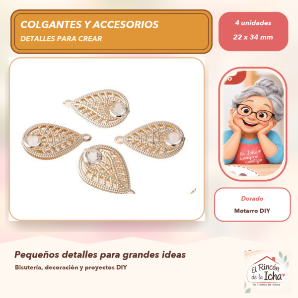 Set de 4 Colgantes Hoja Aleación Dorado 22 x 34 mm