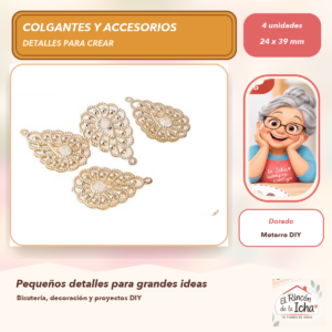 DG056-18 Set de 4 Colgantes Gota de Filigrana Aleación Dorado 24 x 39 mm