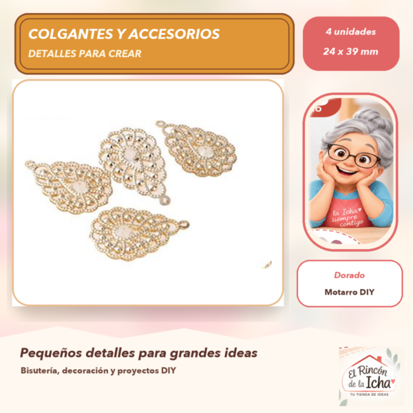 Set de 4 Colgantes Gota de Filigrana Aleación Dorado 24 x 39 mm