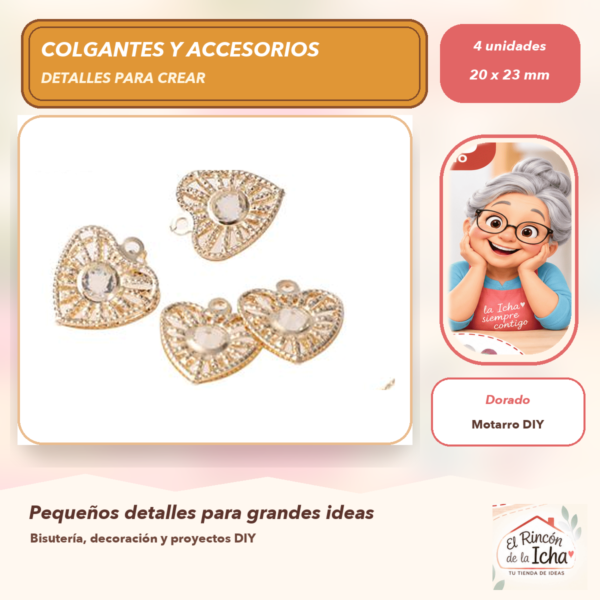 Set de 4 Colgantes Corazón de Filigrana Aleación Dorado 20 x 23 mm