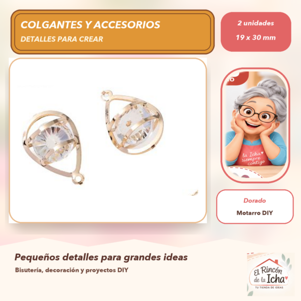 Set de 2 Colgantes Gota con Cristal Aleación Dorado 19 x 30 mm