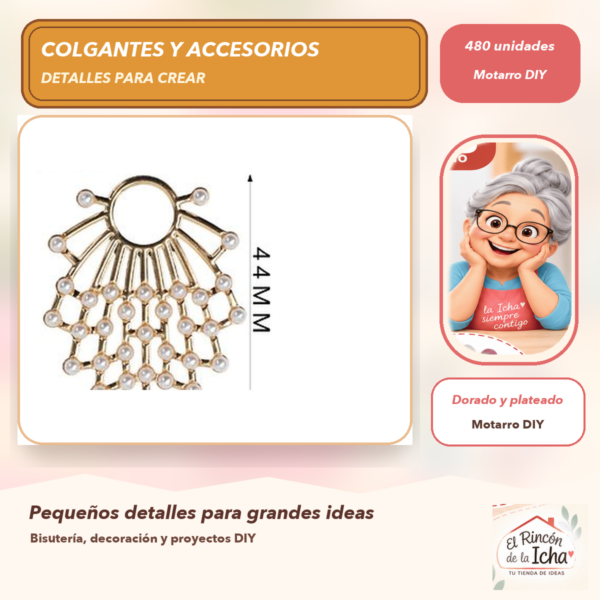 Set de 480 Colgantes Abanico Cristales y perlas Dorado y plateado
