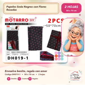 DH019-1 Set de 2 Papeles Seda Negros con Flores Rosadas 50 x 70 cm