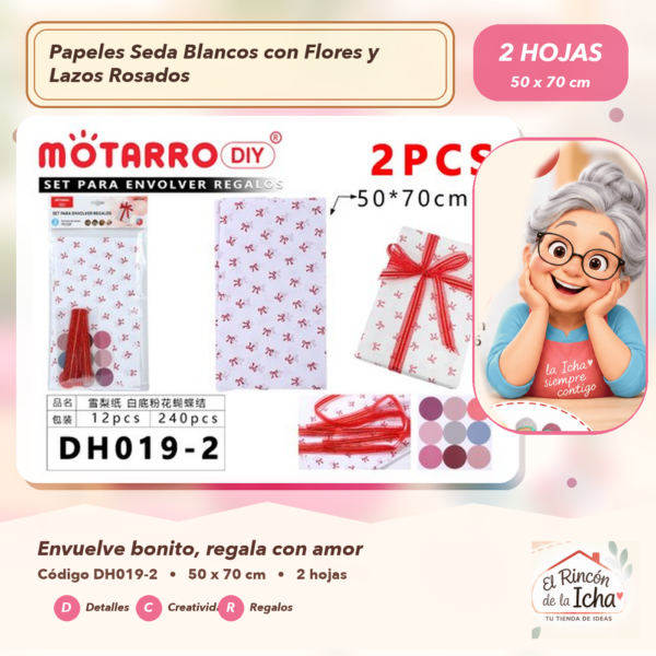 Set de 2 Papeles Seda Blancos con Flores y Lazos Rosados 50 x 70 cm