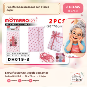 DH019-3 Set de 2 Papeles Seda Rosados con Flores Rojas 50 x 70 cm