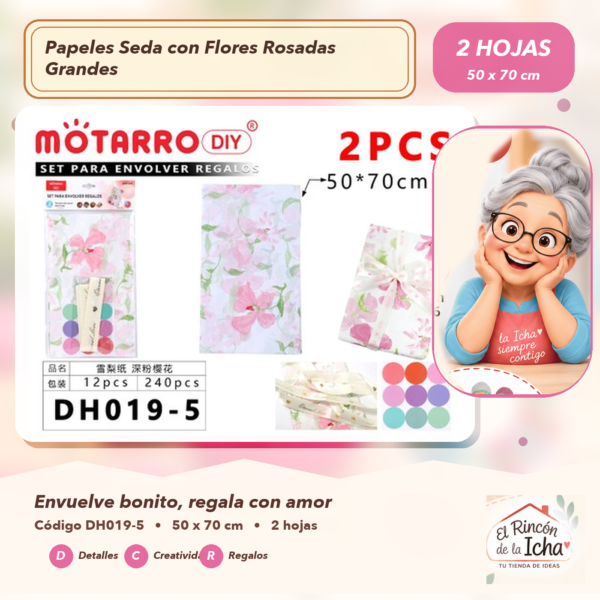 Set de 2 Papeles Seda con Flores Rosadas Grandes 50 x 70 cm