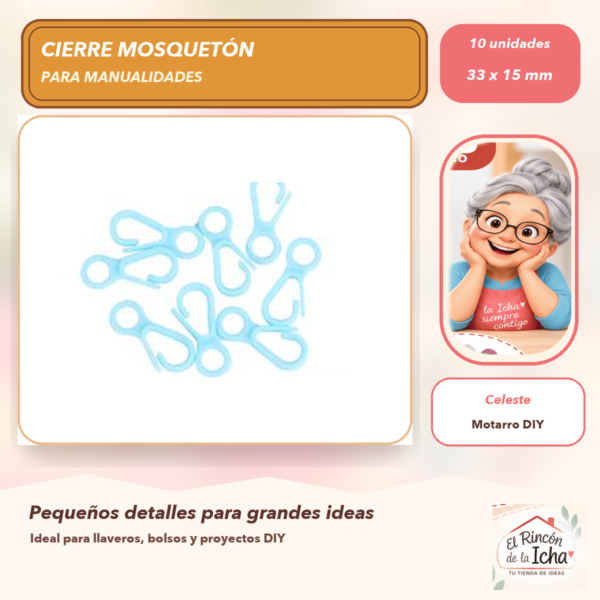 Set de 10 Cierres Mosquetón de Plástico Celeste 33 x 15 mm