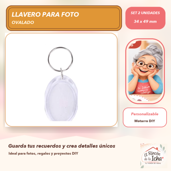 Set de 2 Llaveros Transparentes para Foto Ovalado 34 x 49 mm