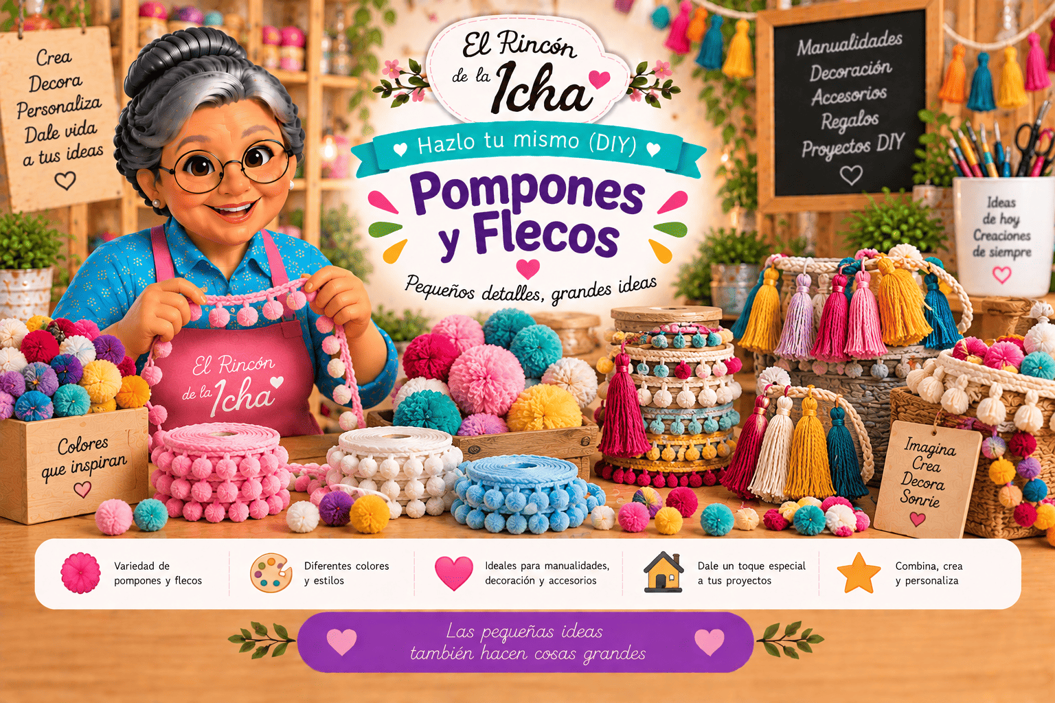 Pompones y Flecos para Manualidades y DIY | El Rincón de la Icha Pompones, flecos, borlas y tiras decorativas de colores para manualidades, decoración y proyectos DIY