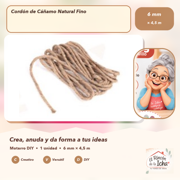 Cordón de Cáñamo Natural Fino 6 mm × 4,5 m