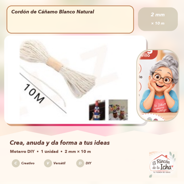 Cordón de Cáñamo Blanco Natural 2 mm × 10 m