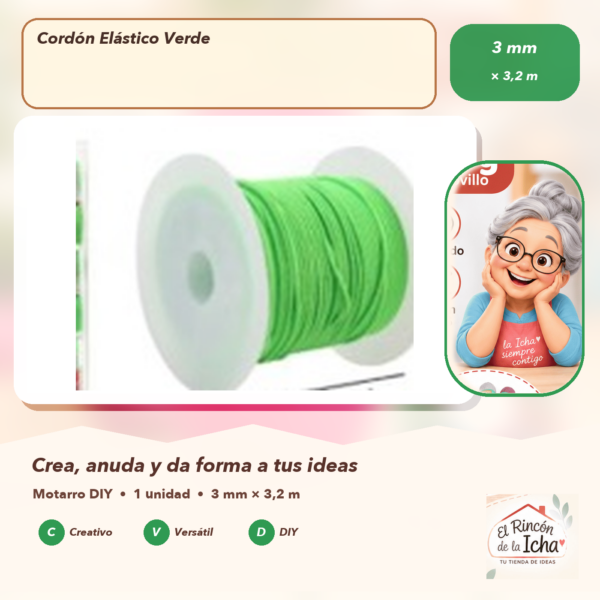 Cordón Elástico Verde 3 mm × 3,2 m
