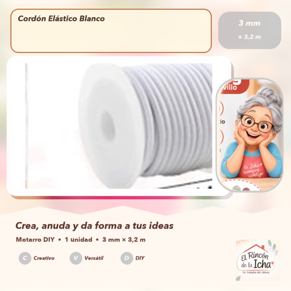 Cordón Elástico Blanco 3 mm × 3,2 m