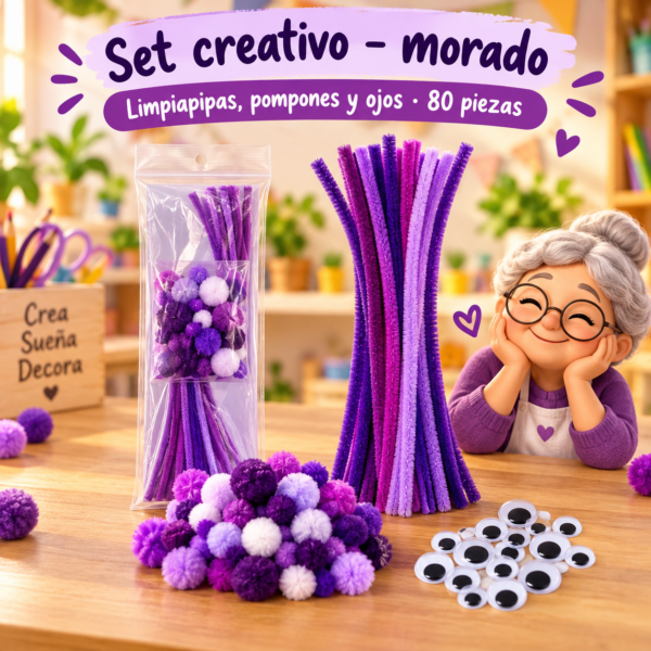 RI-0004675-1.png Set de limpiapipas, pompones y ojos, 80 piezas - Morado