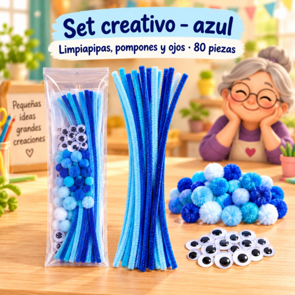 RI-0004676-1.png Set de limpiapipas, pompones y ojos, 80 piezas - Azul