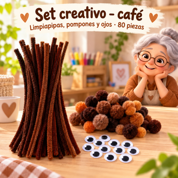 RI-0004677-1.png Set de limpiapipas, pompones y ojos, 80 piezas - Café